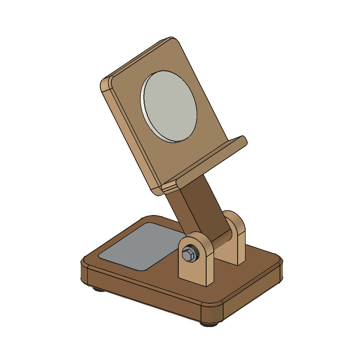 An adjustable wooden stand with a pivoting arm and cradle